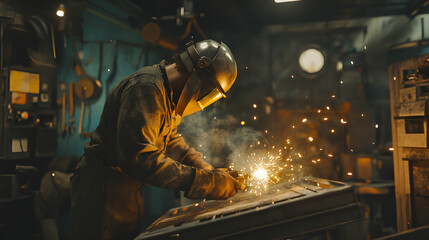 Skilled welder working on a metal structure in an industrial workshop