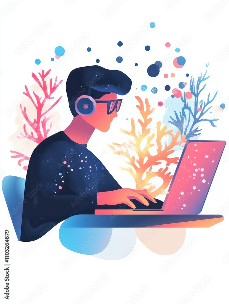 Poster analyst working at laptop with automation process. business process automation, business process wor