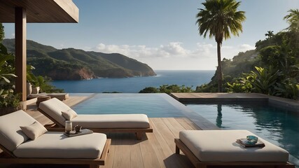 Fototapeta premium Seaside Bliss A villa terrace with sunbeds, an infinity pool, and amazing ocean views, perfect for relaxing and enjoying the beauty of the coast (AI GEN)