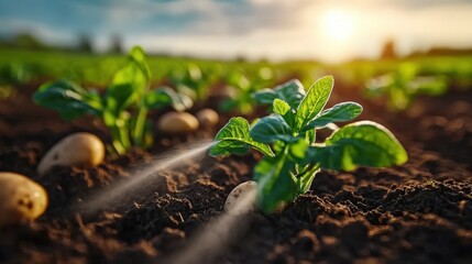 A close-up of young potato plants emerging from soil, with droplets of water misting them under the warm sunlight, signifying growth and abundance in agriculture.