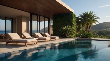 Fototapeta premium Seaside Bliss A villa terrace with sunbeds, an infinity pool, and amazing ocean views, perfect for relaxing and enjoying the beauty of the coast (AI GEN)