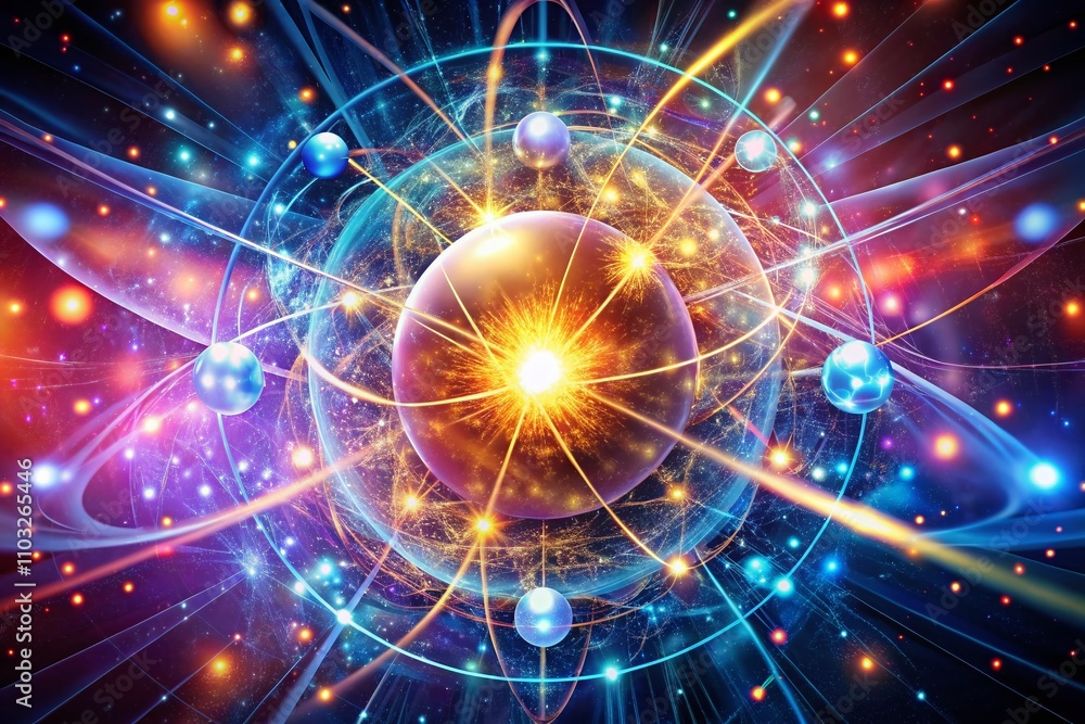 Poster Abstract 4K Motion Background of a Star Core with Particles and Energy Sphere, Showcasing the Intersection of Atom Science and Technology in Dynamic Visuals