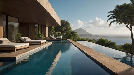 Fototapeta premium Seaside Bliss A villa terrace with sunbeds, an infinity pool, and amazing ocean views, perfect for relaxing and enjoying the beauty of the coast (AI GEN)