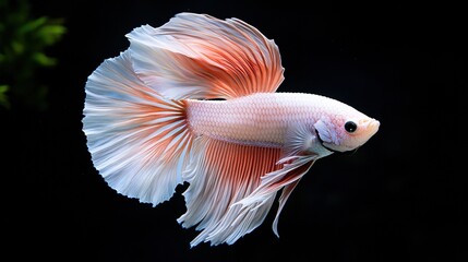 Two tails of triple-tail betta fish, with big ears and rainbow halfmoon fins, gracefully swimming like ballet dancers in a stream, showcasing slow-speed techniques and illuminated by flash light.