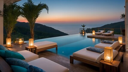 Fototapeta premium Seaside Bliss A villa terrace with sunbeds, an infinity pool, and amazing ocean views, perfect for relaxing and enjoying the beauty of the coast (AI GEN)
