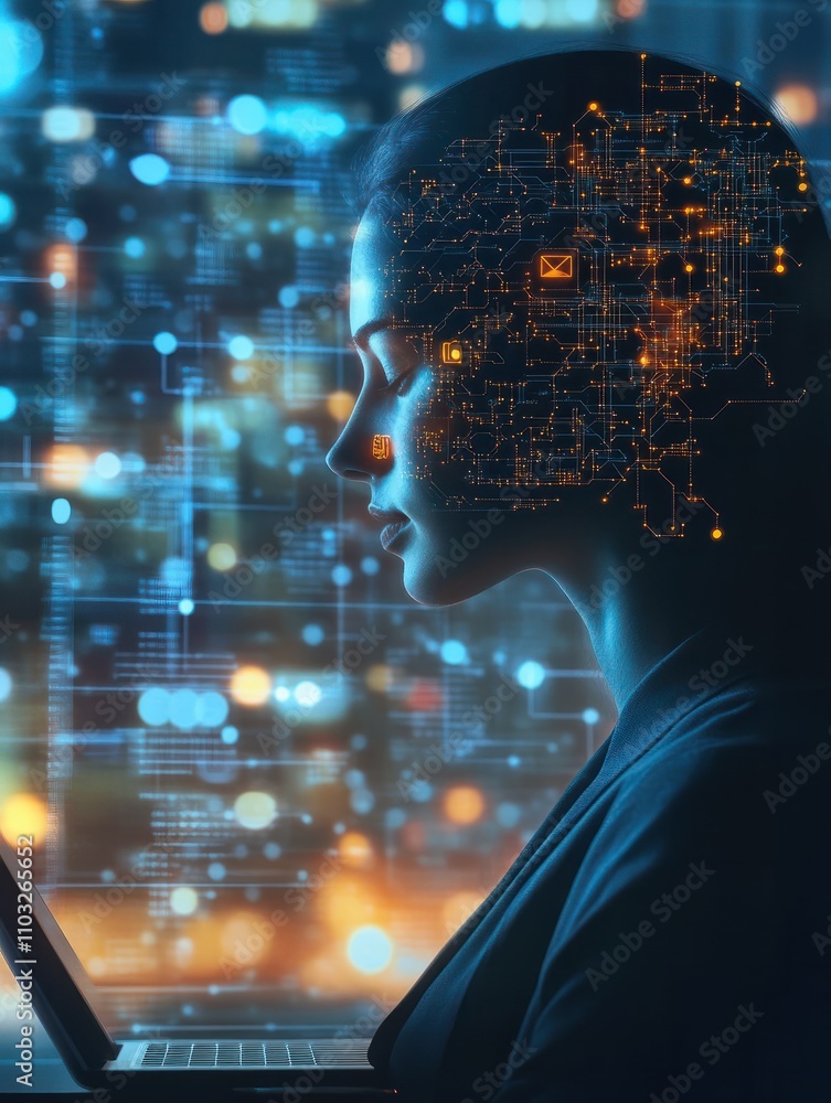 Poster artificial intelligence concept with businesswoman using laptop on digital screen background with gl
