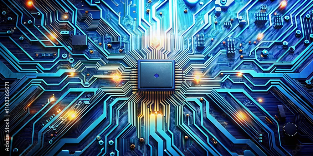 Poster abstract ai circuit board background with technology connected blue lines, electronics elements, com