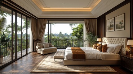 Obraz premium Modern luxurious bedroom suite with a king-size bed, plush decor, and elegant lighting for a serene, relaxing vibe