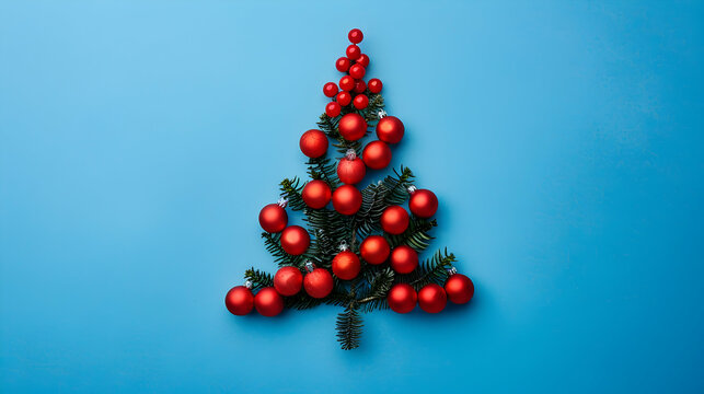 Christmas tree from red knick knack on blue background, flat lay. Vertical.