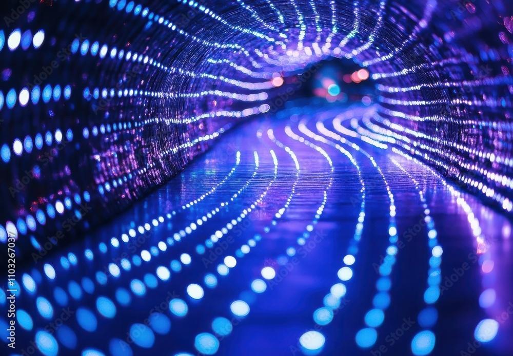 Poster abstract light tunnel with vibrant blue and purple colors, creating a mesmerizing visual effect thro