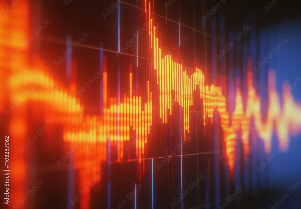 Poster abstract visualization of sound waves with vibrant red and blue tones representing audio frequencies