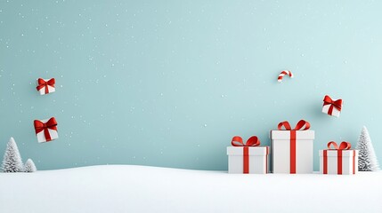 Festive Christmas themed winter landscape with fluffy white ground scattered gift boxes bright red ribbons and a soft blue gradient background with gentle snowfall  for holiday and greeting cards