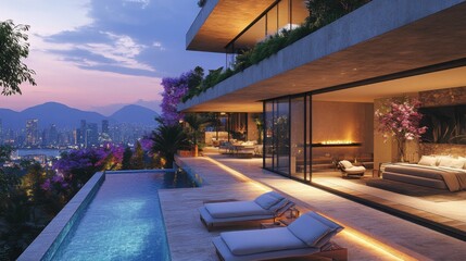 Elegant outdoor patio with modern furniture, lush greenery, and a tranquil ambiance for a luxurious outdoor living experience