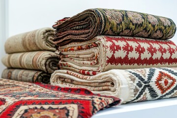 Stacked traditional carpets with intricate patterns