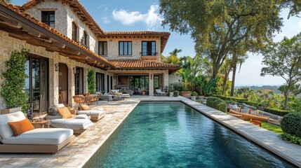 Fototapeta premium Stylish outdoor patio with comfortable seating, lush landscaping, and ambient lighting for a luxurious outdoor retreat