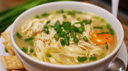 Chicken noodle soup with egg in a white plate. Spoon, green onion and crackers around plate.