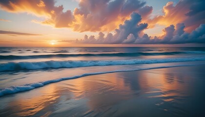Una espectacular puesta de sol sobre un oc&eacute;ano en calma, con vibrantes nubes de color naranja, amarillo y azul reflej&aacute;ndose en el agua tranquila. El sol se pone detr&aacute;s de las nubes, creando una impres