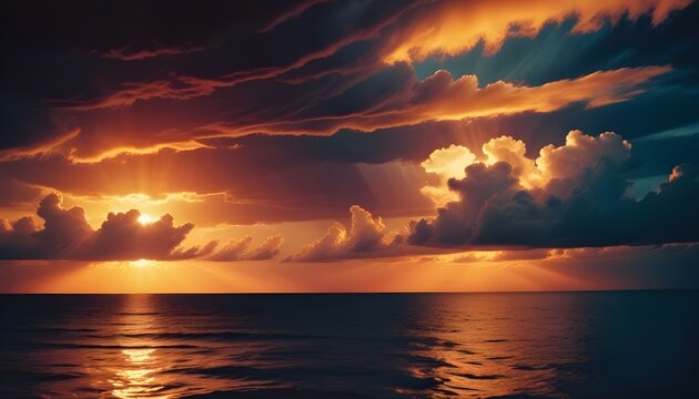 Una espectacular puesta de sol sobre un oc&eacute;ano en calma, con vibrantes nubes de color naranja, amarillo y azul reflej&aacute;ndose en el agua tranquila. El sol se pone detr&aacute;s de las nubes, creando una impres