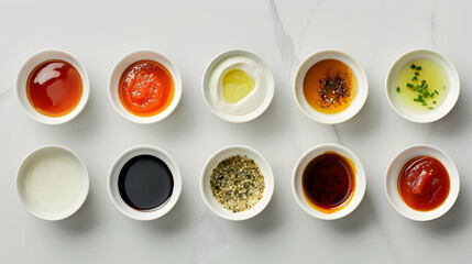 Various sauces in small sauce bowls on gray background. Top view.