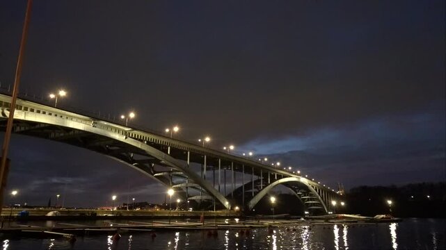 Stockholm, Sweden A view of the landmark Western Bridge, Vasterbron, at night connecting Kungsholmen to Sodermalm.