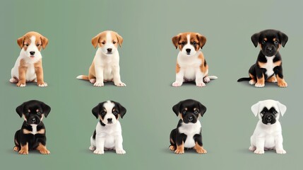 Obraz premium Eight adorable puppies in different color combinations sit in a row against a green background.