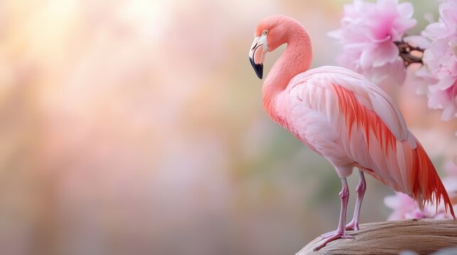 A graceful flamingo stands prominently amidst soft pink blossoms, capturing the elegance of nature, This image is perfect for travel blogs, wildlife publications, or environmental awareness campaigns
