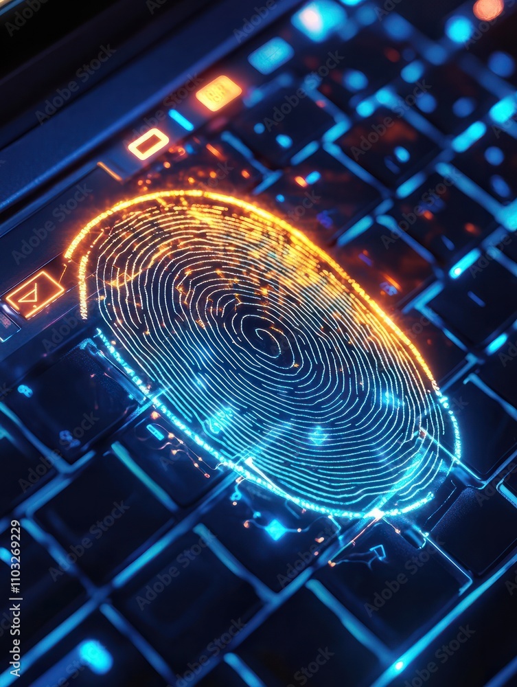 Poster biometrical security concept with glowing digital fingerprint in shield on laptop keyboard backgroun