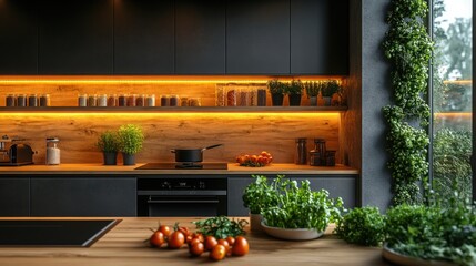 Modern kitchen with state-of-the-art appliances, a functional layout, and minimalist design for a sophisticated atmosphere