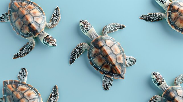 A group of sea turtles on a light blue background.