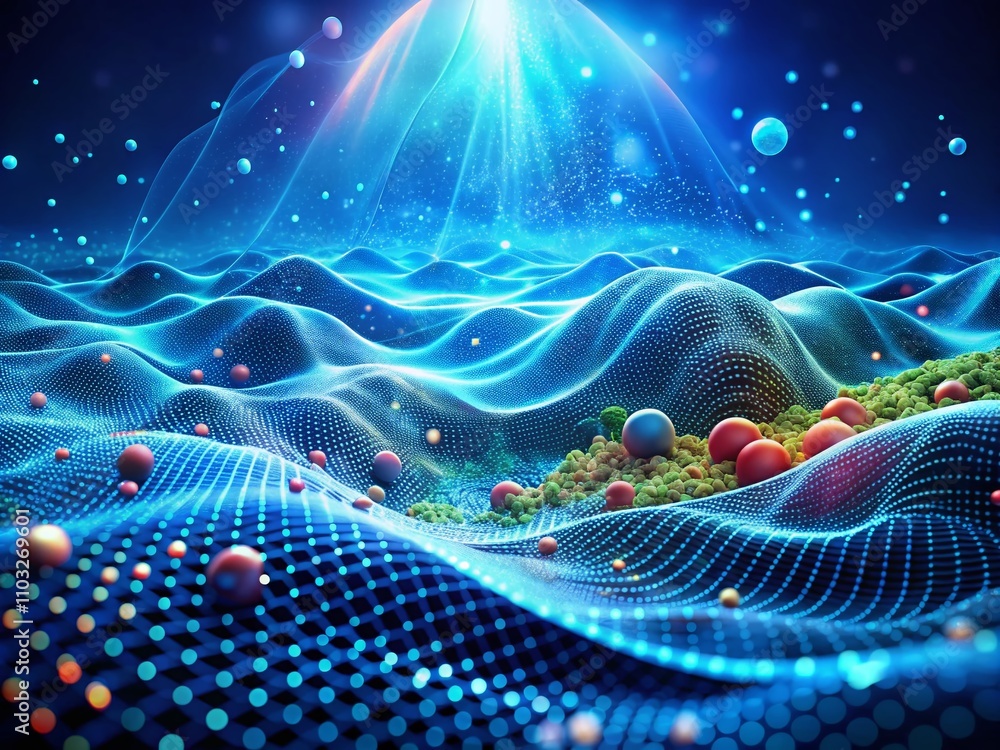 Poster abstract blue particle background with flowing waves and dot landscape, representing digital data st