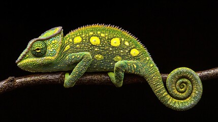 Obraz premium Close-up of Vivid Green Chameleon on Twig - Detailed Macro Shot of Reptile with Textured Scales and Spiral Tail