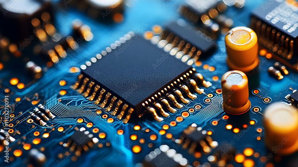 Poster close-up of microchip integrated circuit on circuit board