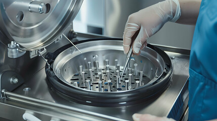 Professional disinfection of manicure tools in autoclave. Nail care, manicure, sanitizing.