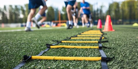 Agility Ladder Drills. A low angle, close up shot of an agility ladder lying on artificial turf with athletes in soft focus in the background. Focus is sharp on the ladder, providing a dynamic sense.
