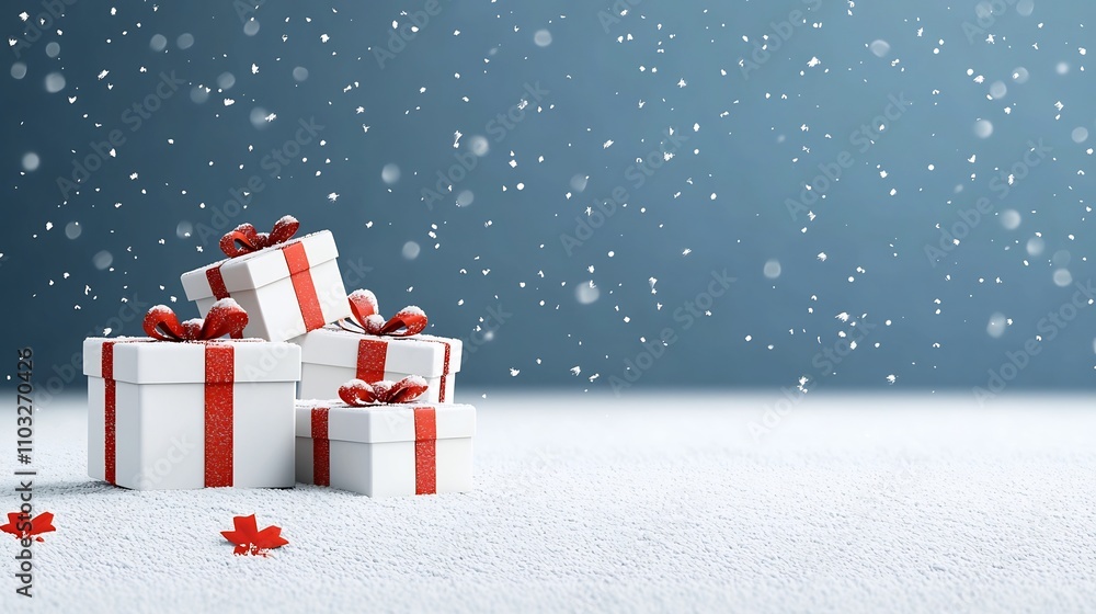 Poster elegant gift boxes with red ribbons stacked on snowy winter background with soft blue gradient and f