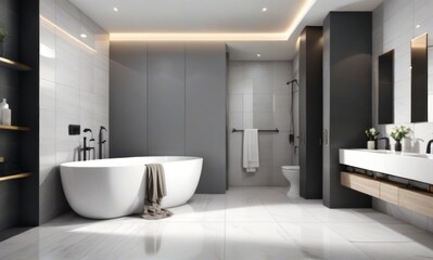 Modern Luxury Bathroom Design: Elegant Freestanding Tub, Double Vanity, and Sleek Gray Accents