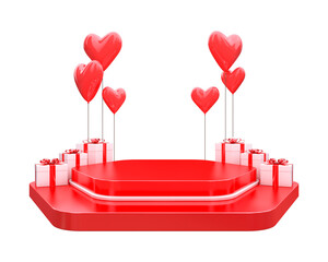 Podium of Valentine with white gifts box and heart balloon floating behind