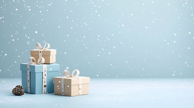 Serene snowy holiday landscape featuring neatly stacked blue gift boxes with bows on a dark blue gradient background creating a peaceful and festive atmosphere with gentle snowfall