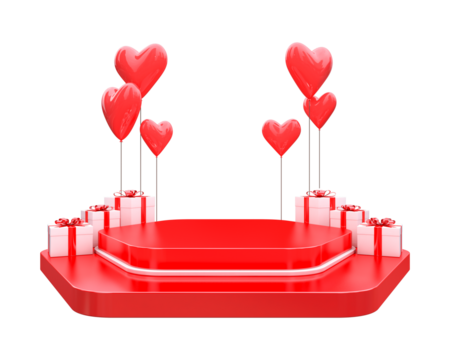 Podium of Valentine with white gifts box and heart balloon floating behind