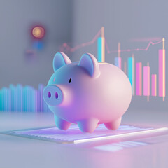 A glowing piggy bank beside a graph showing upward trends