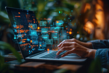  Person typing on laptop with futuristic holographic data visualization interface displaying digital analytics and charts in dark ambient setting