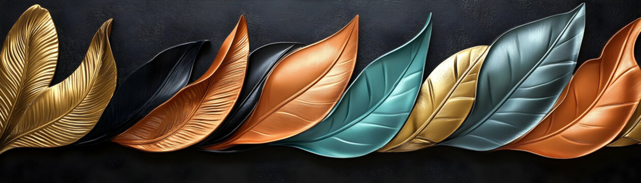 Metallic Leaf Abstract Background, Elegant Gold, Copper, Teal & Black Foliage Illustration Design
