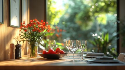 Sophisticated dining room with modern decor, sleek furniture, and ambient lighting for a luxurious dining experience
