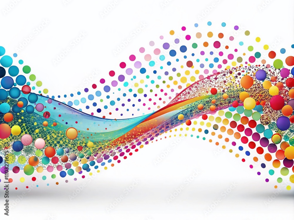 Poster abstract colorful dots particles flowing in wavy patterns on a white background for technology, ener