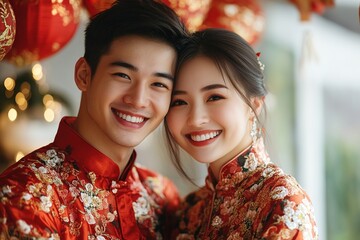 Happy couple in traditional red attire with festive background