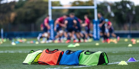 Brightly colored training bibs lie in focus on the field, with players and activity blurred in the background. The image captures pre-game preparation, emphasizing sports equipment and energy.