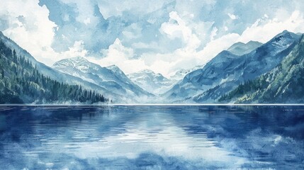 Fototapeta premium Watercolor Painting of a Mountain Range and a Lake