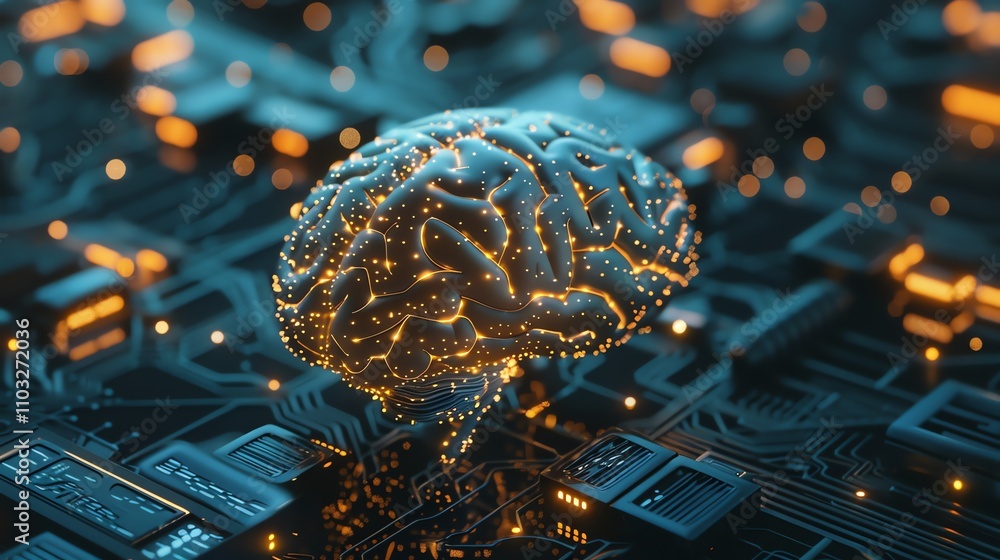 Poster a 3d rendered image of a glowing brain sitting on a circuit board.