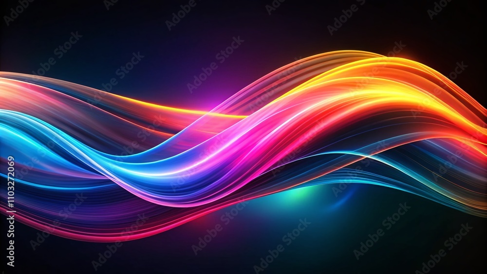 Poster Abstract Colorful Glowing Waves on Black Background - A Minimalist Approach to Dynamic Energy and Fluidity in Art