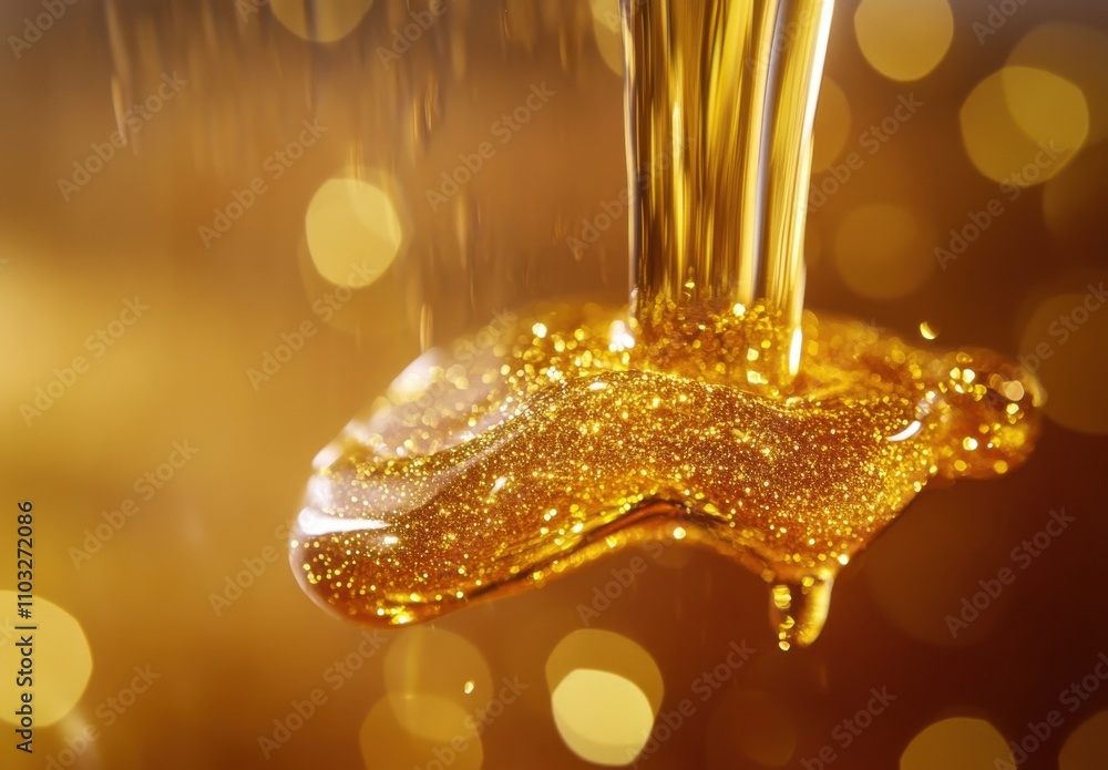 Poster close-up shot of golden honey dripping with sparkles and glimmer on a soft golden background for foo